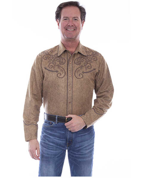 Scully Men's Tan All Over Paisley Print Embroidered Long Sleeve Snap Western Shirt , Tan, hi-res