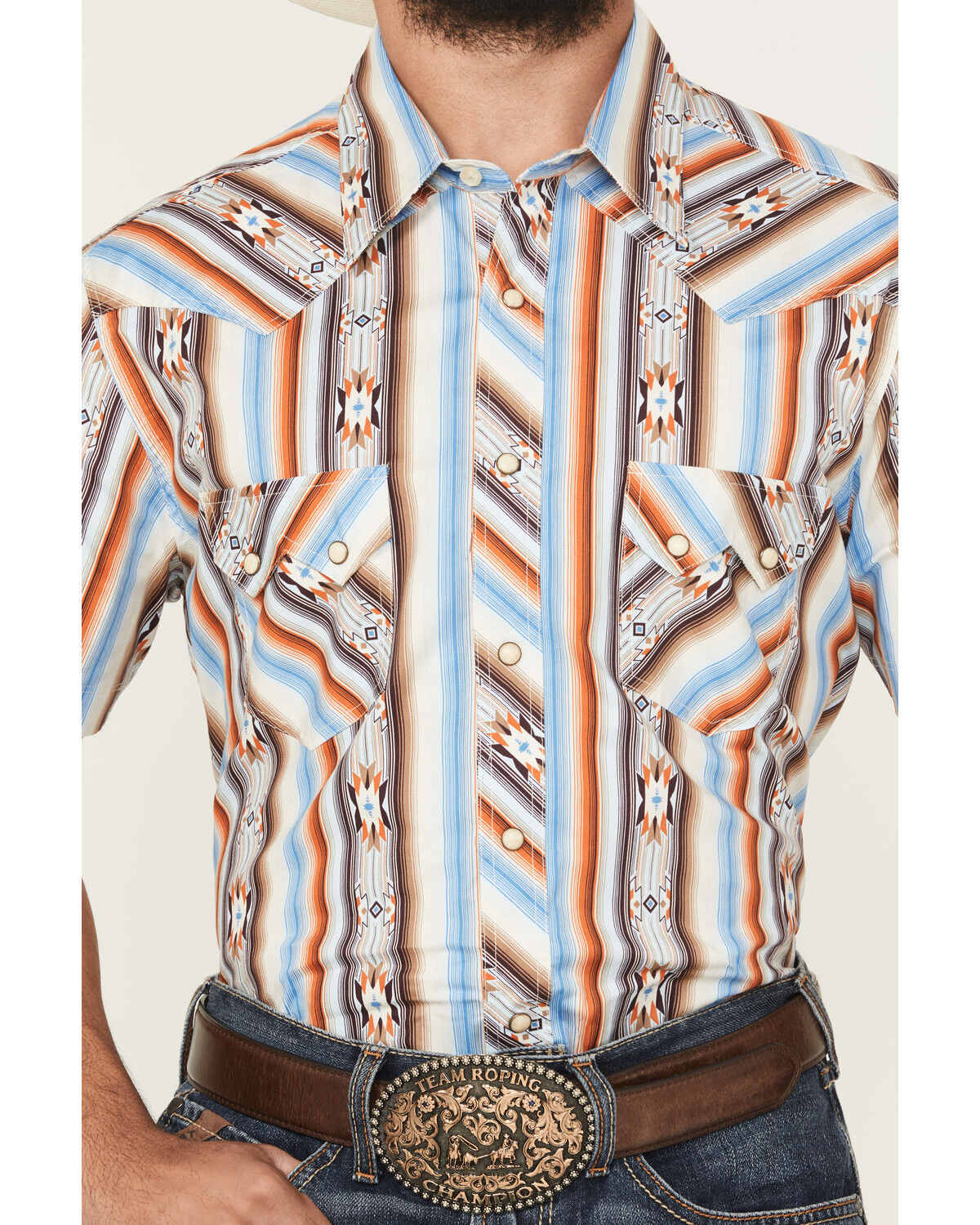 Image #3 - Rock & Roll Denim Men's Southwestern Striped Print Short Sleeve Snap Stretch Western Shirt, Multi, hi-res