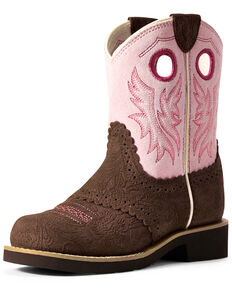 Ariat Girls' Tooled Cowgirl Western Boots - Round Toe, Brown/pink, hi-res