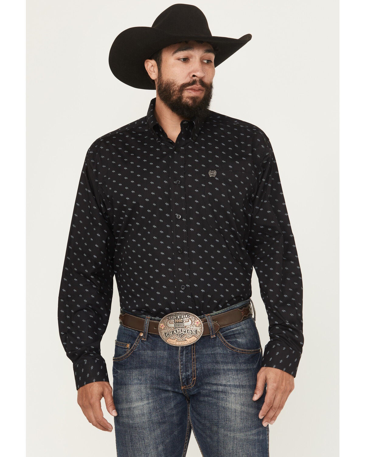 Image #1 - Cinch Men's Moose Print Long Sleeve Button-Down Western Shirt, Black, hi-res