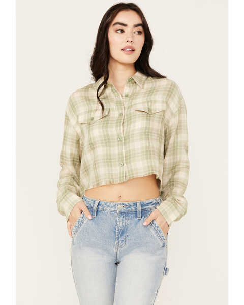 Cleo + Wolf Women's Long Sleeve Cropped Shirt, Green, hi-res