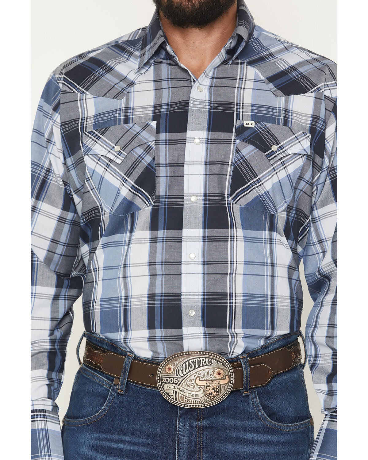 Image #3 - Ely Walker Men's Plaid Print Long Sleeve Pearl Snap Western Shirt - Big, Blue, hi-res