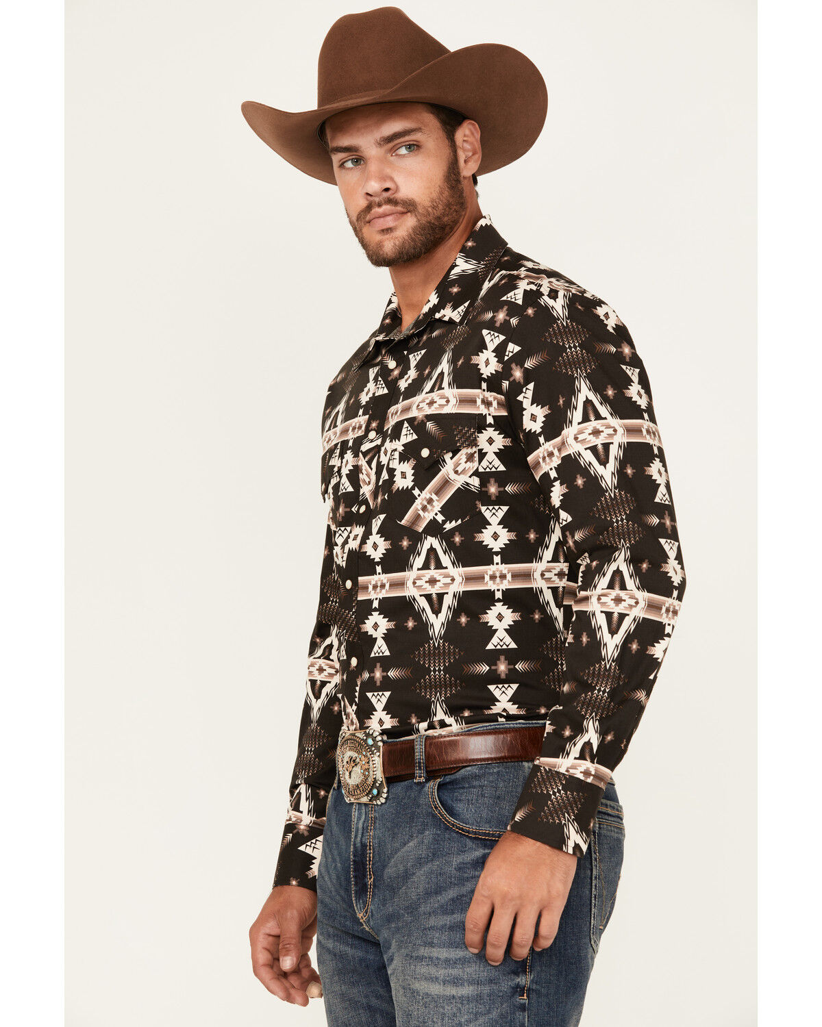 Image #2 - Rock & Roll Denim Men's Southwestern Print Long Sleeve Snap Stretch Western Shirt, Brown, hi-res