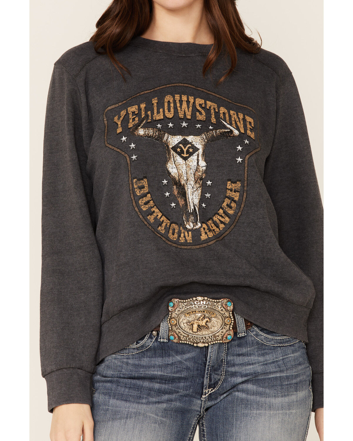 Image #2 - Paramount Network's Yellowstone Women's Charcoal Mineral Wash Steerhead Graphic Raglan Sweatshirt, , hi-res