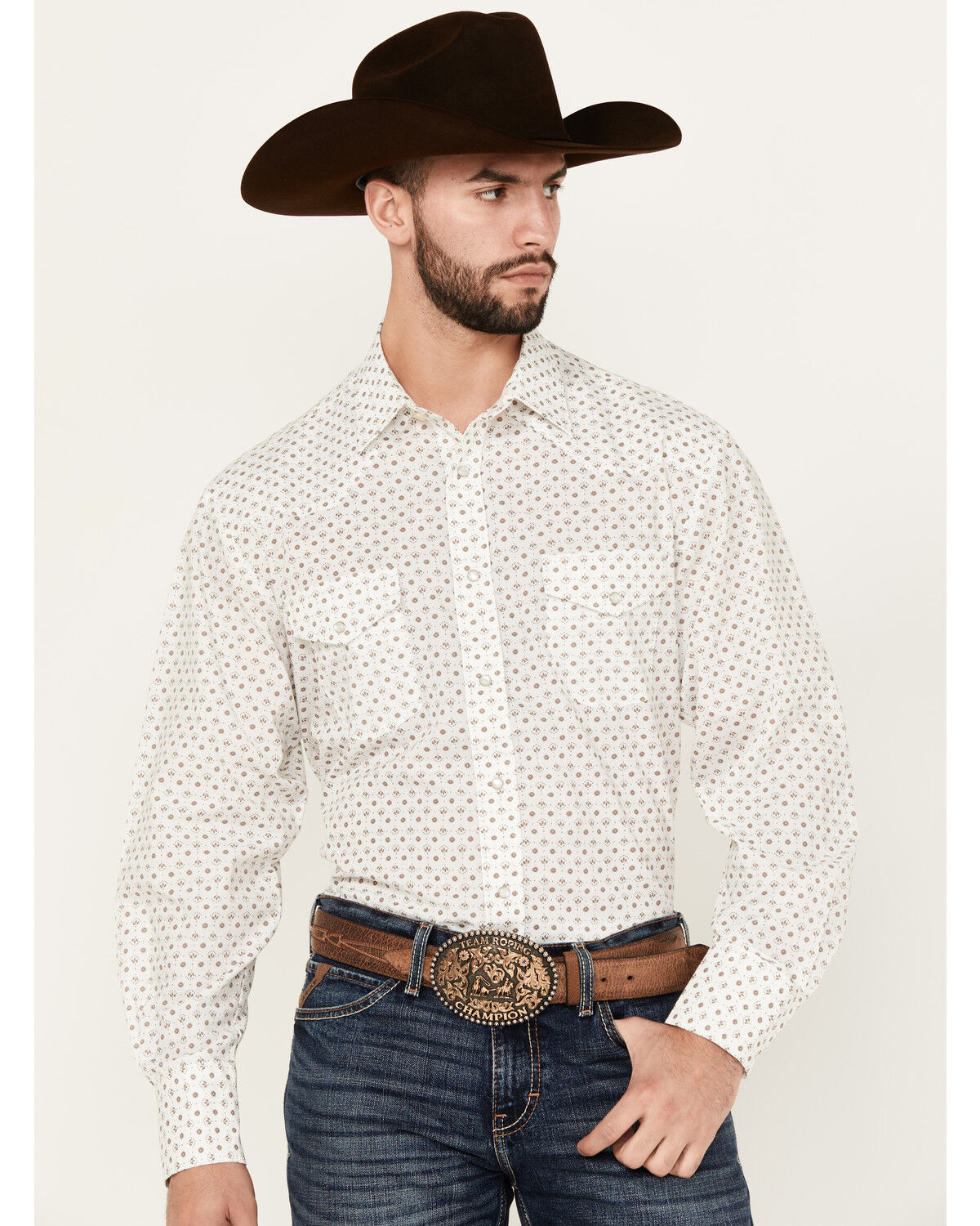 Image #1 - Roper Men's KC Geo Print Long Sleeve Snap Western Shirt, White, hi-res