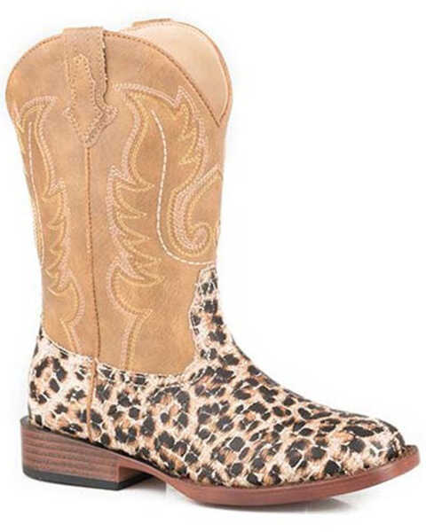 Image #1 - Roper Girls' Glitter Leopard Faux Leather Western Boot - Square Toe, Leopard, hi-res
