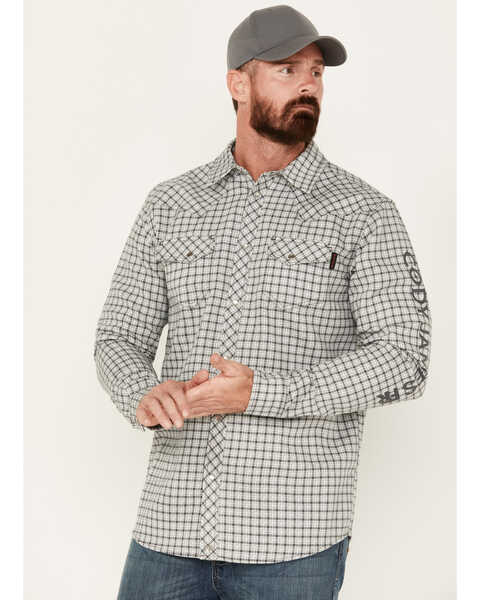 Image #1 - Cody James Men's FR Lightweight Logo Long Sleeve Pearl Snap Stretch Work Shirt , Grey, hi-res