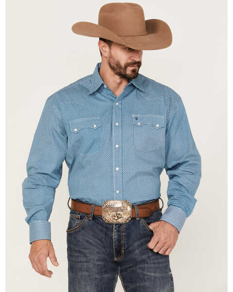Image #1 - Stetson Men's Micro Chip Geo Print Long Sleeve Pearl Snap Western Shirt , Blue, hi-res