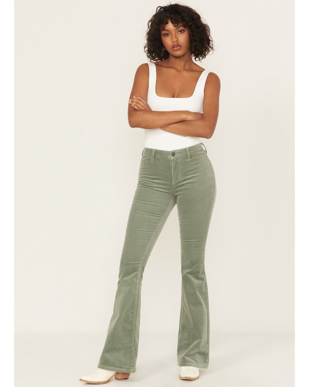 Rock & Roll Denim Women's High Rise Bargain Corduroy Button Flare Jeans, Green, hi-res