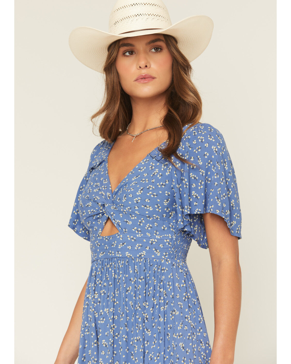 Image #2 - Angie Women's Floral Print Knot Short Sleeve Midi Dress, Blue, hi-res
