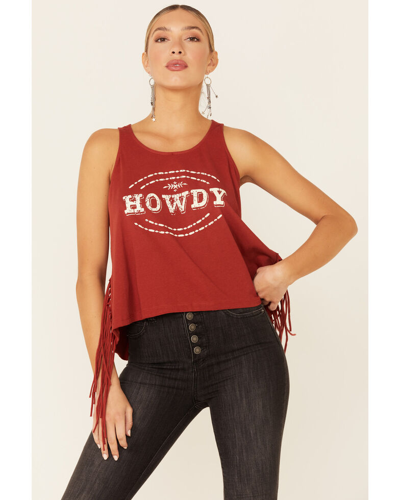 Shyanne Women's Chili Howdy Graphic Cage Back Fringe Tank Top , Chilli, hi-res