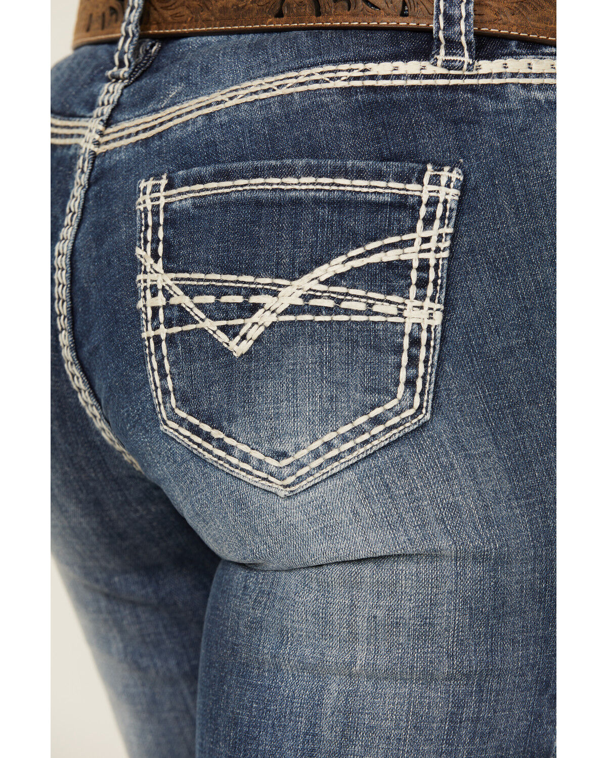 Image #4 - Rock & Roll Denim Women's Dark Wash Stitched Pocket Bootcut Stretch Denim Jeans, Blue, hi-res