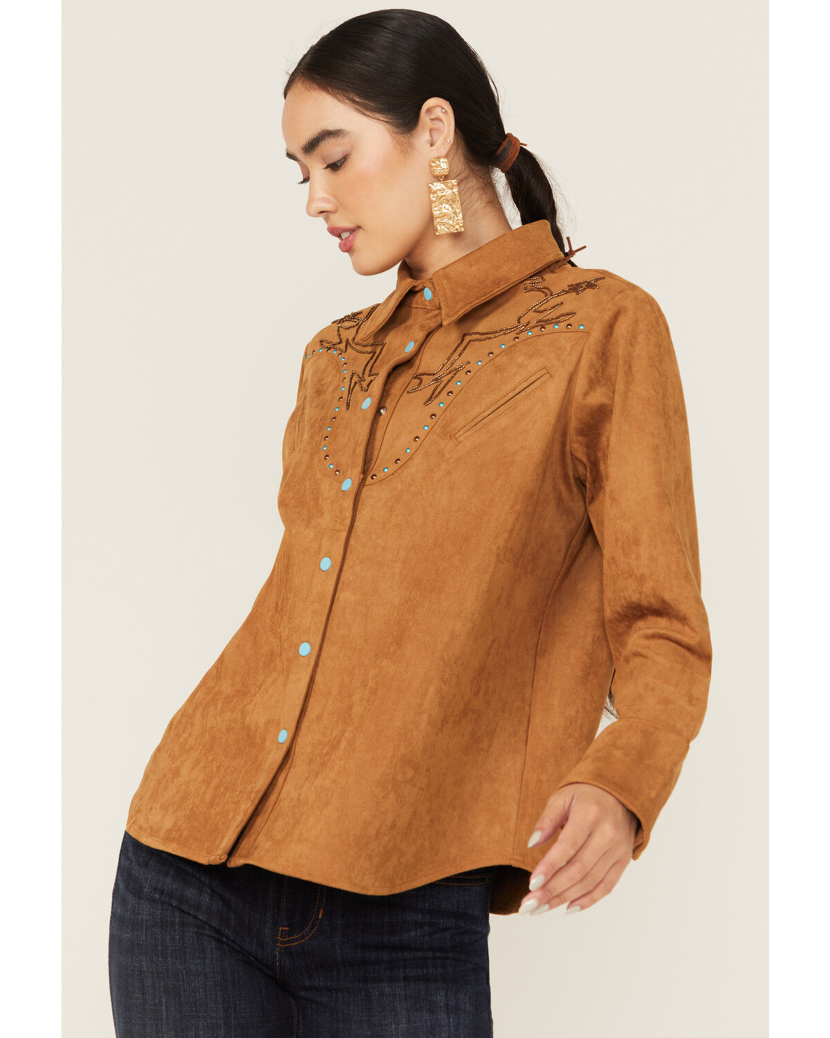 Image #1 - Blue B Women's Embellished Long Sleeve Snap Western Shirt, Camel, hi-res