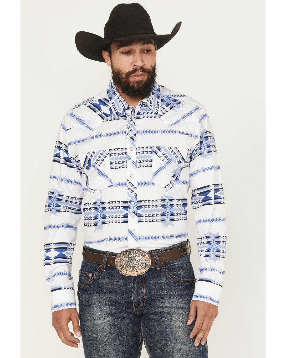 Image #1 - Rock & Roll Denim Men's Southwestern Print Long Sleeve Snap Stretch Western Shirt, White, hi-res
