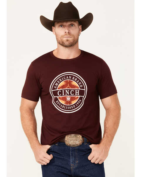 Cinch Men's Boot Barn Exclusive Southwestern Circle Logo Short Sleeve Graphic T-Shirt , Burgundy, hi-res