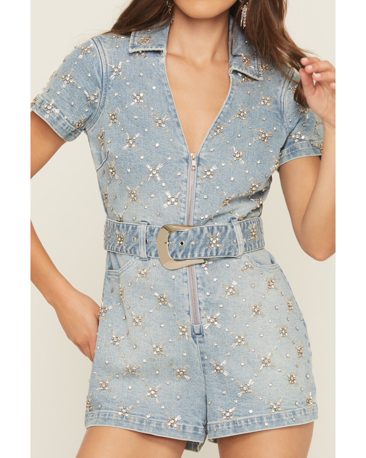 Image #3 - Show Me Your Mumu Women's Medium Wash Dolly Embellished Short Sleeve Denim Romper, Medium Wash, hi-res