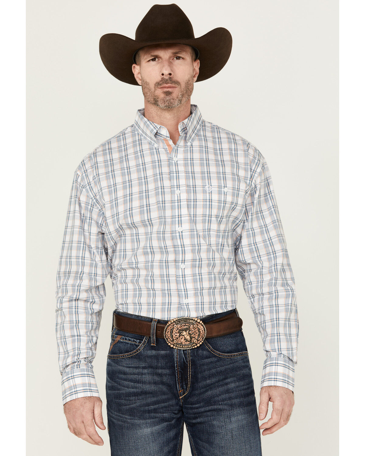 Image #1 - George Strait By Wrangler Men's Plaid Print Long Sleeve Button-Down Stretch Shirt, White, hi-res