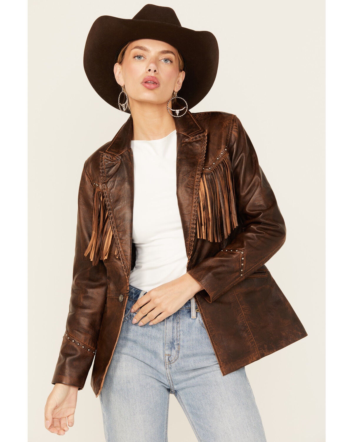 Cripple Creek Women's Fringe Leather Blazer, Brown, hi-res