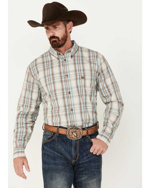 Image #1 - Cowboy Hardware Men's Dutton Plaid Print Long Sleeve Button-Down Western Shirt, Cream, hi-res