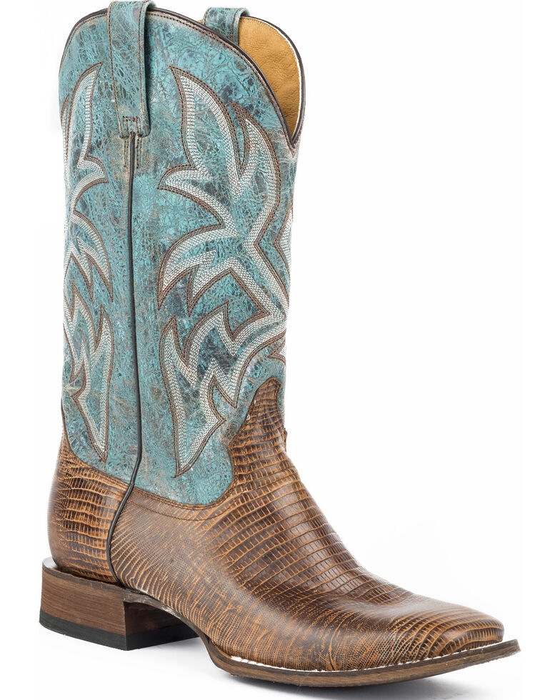 Roper Men's Leather Embossed Teju Lizard Cowboy Boots - Wide Square Toe, Tan, hi-res