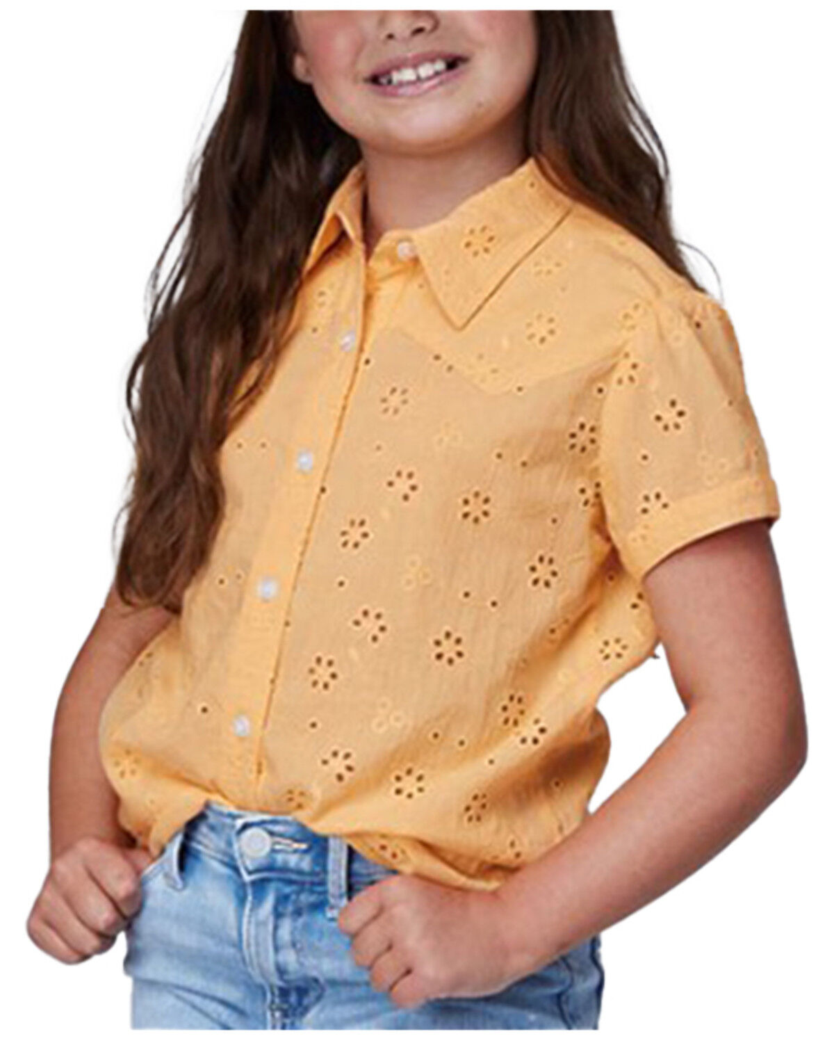 Image #1 - Roper Girls' Eyelet Short Sleeve Button-Down Western Shirt, Yellow, hi-res