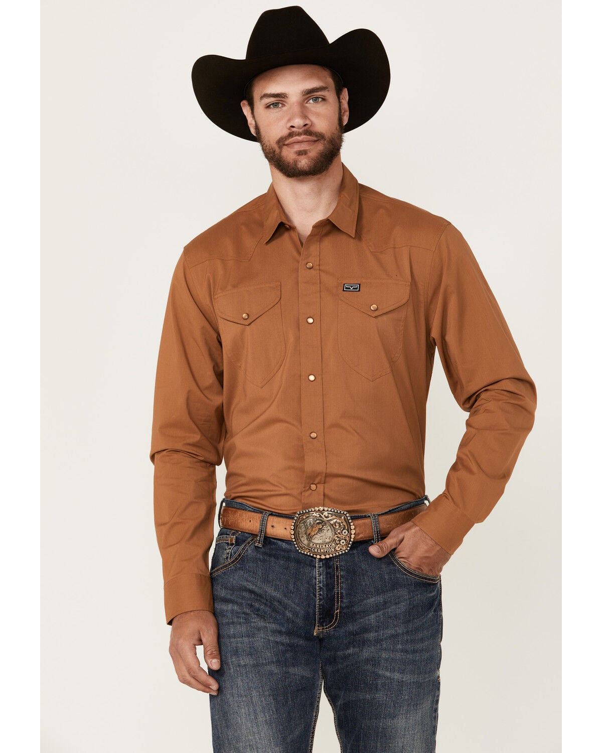 Kimes Ranch Men's Blackout Solid Long Sleeve Snap Performance Western Shirt, Brown, hi-res