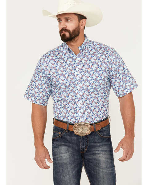 Ariat Men's Wrinkle Free Wrigley Print Short Sleeve Button-Down Western Shirt, Blue, hi-res