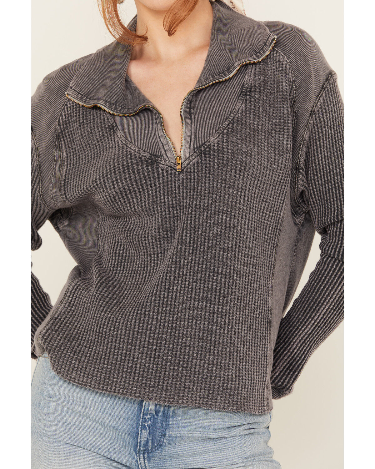 Image #3 - Free People Women's Ashton Zip Thermal Long Sleeve Pullover, Charcoal, hi-res
