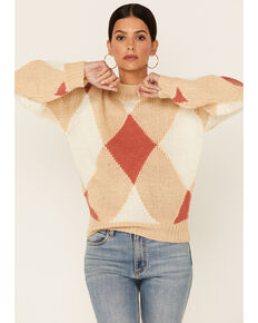 Lush Women's Argyle Sweater, Tan, hi-res