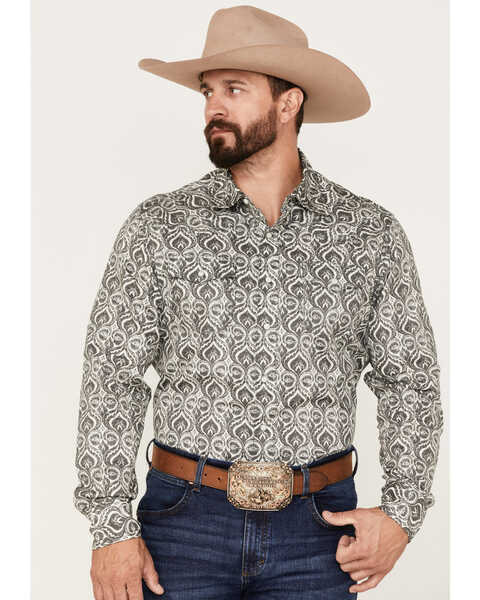 Wrangler Retro Premium Men's All-Over Spade Print Long Sleeve Snap Western Shirt , Grey, hi-res