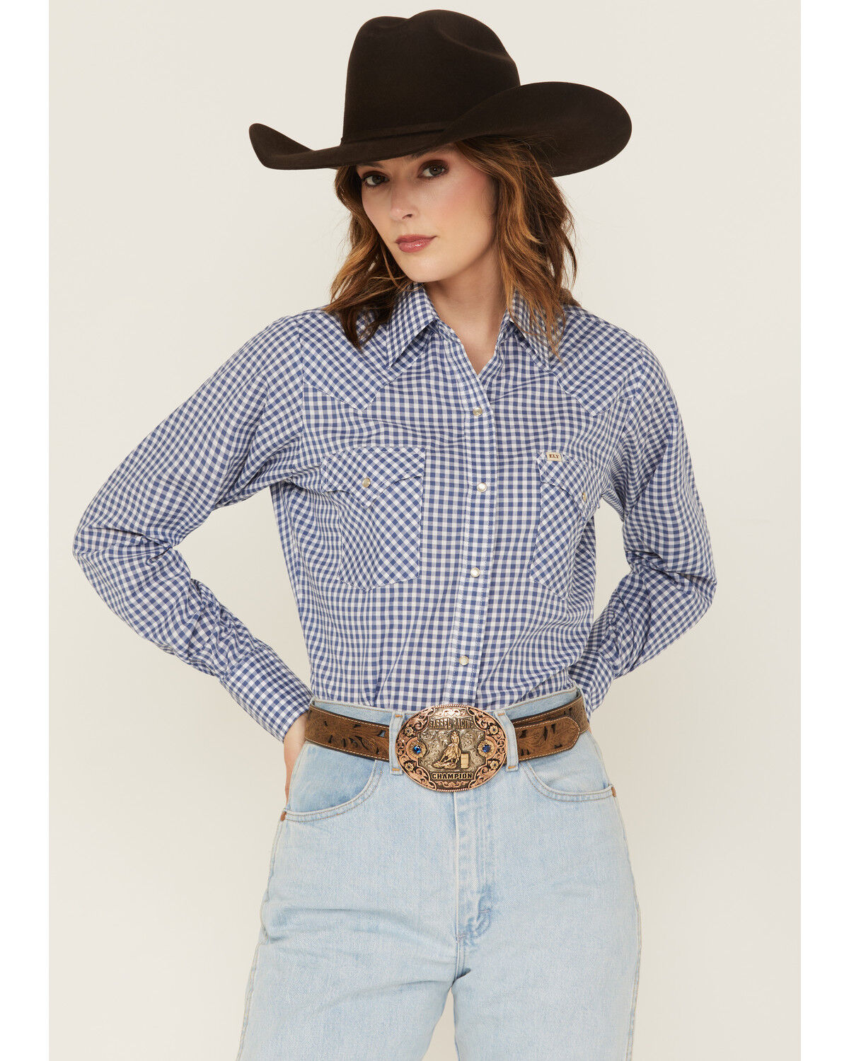 Image #1 - Cowboygirl by Jenna Paulette Women's Gingham Print Long Sleeve Pearl Snap Western Shirt, Blue, hi-res