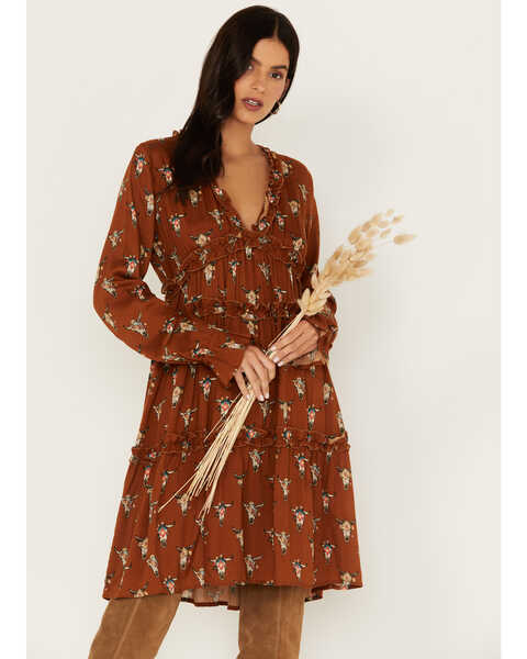Roper Women's Cowskull Print Long Sleeve Tier Dress, Brown, hi-res