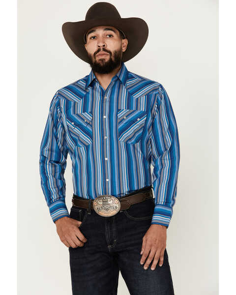 Ely Walker Men's Serape Striped Long Sleeve Pearl Snap Western Shirt, Royal Blue, hi-res