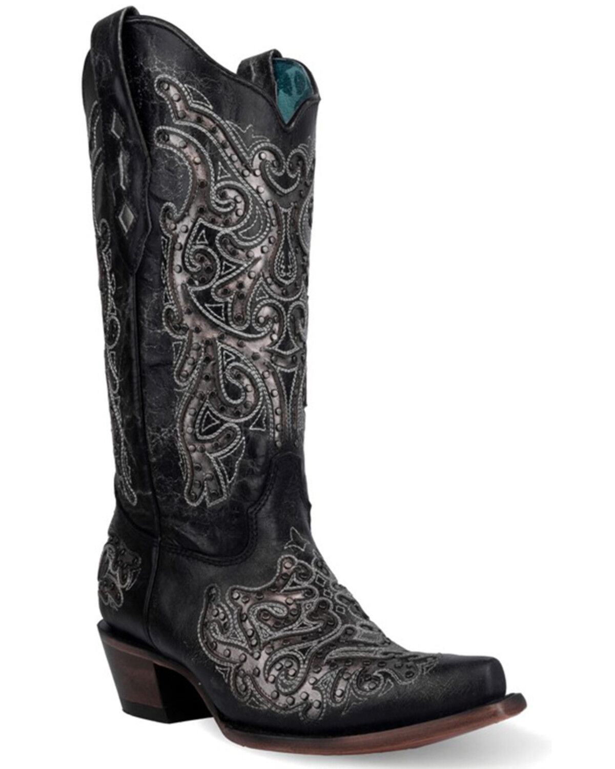 Image #1 - Corral Women's Studded Inlay Western Boots - Snip Toe, Black, hi-res