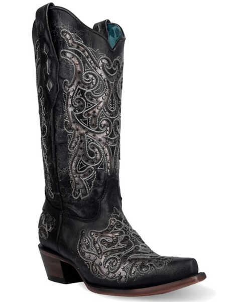 Corral Women's Studded Inlay Western Boots - Snip Toe , Black, hi-res