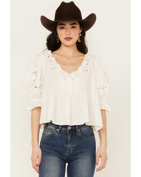 Image #1 - Free People Women's Sophie Embroidered Cropped Shirt , White, hi-res