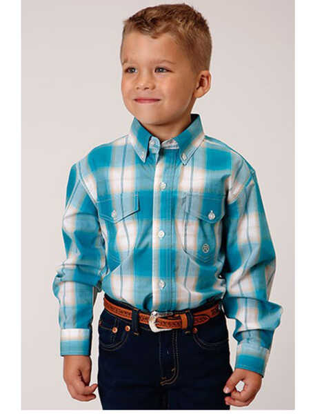Roper Boys' Amarillo Saddle Plaid Print Long Sleeve Button-Down Western Shirt, Blue, hi-res