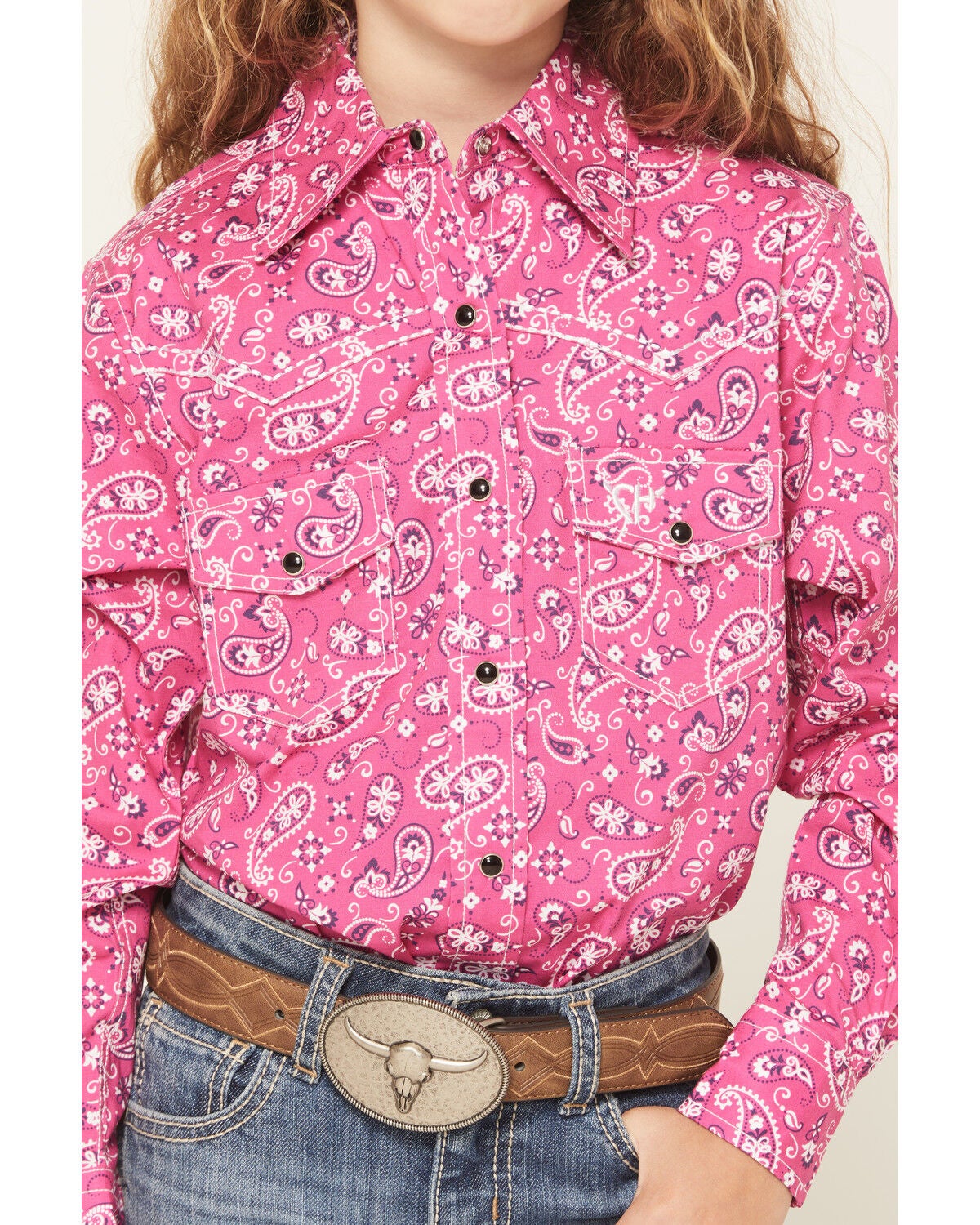 Image #3 - Cowgirl Hardware Girls' Bandana Paisley Print Long Sleeve Snap Stretch Western Shirt, Pink, hi-res