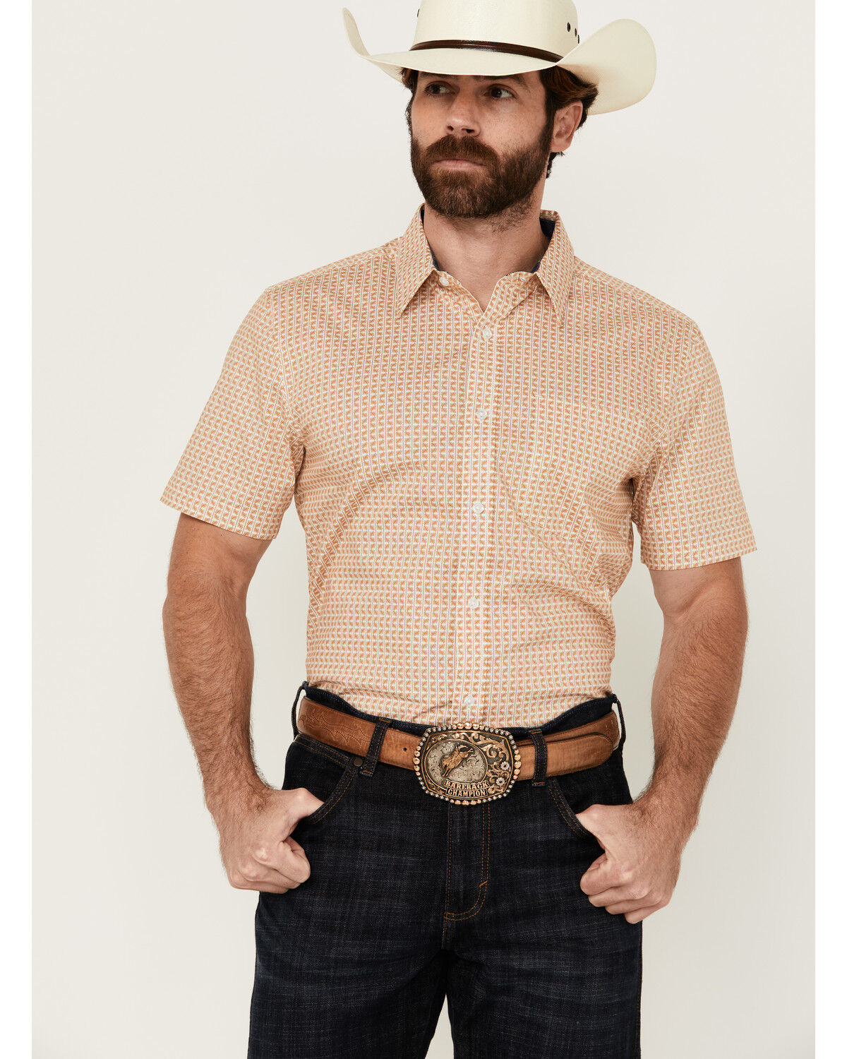 Image #1 - Cody James Men's Gold Coast Geo Print Short Sleeve Button-Down Stretch Western Shirt - Tall, Gold, hi-res