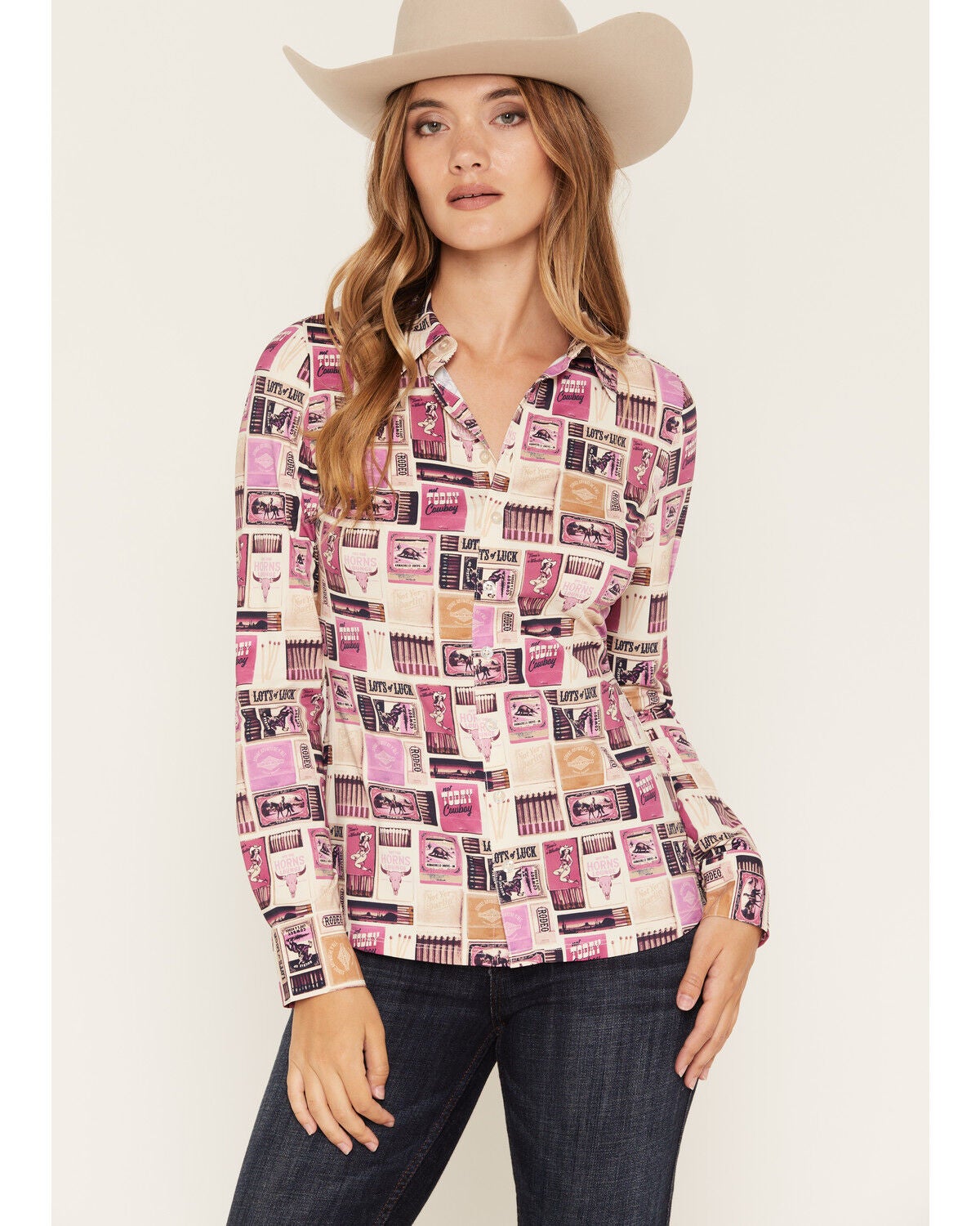Idyllwind Women's Matchbook Printed Long Sleeve Button-Down Western Riding Shirt, Pink, hi-res