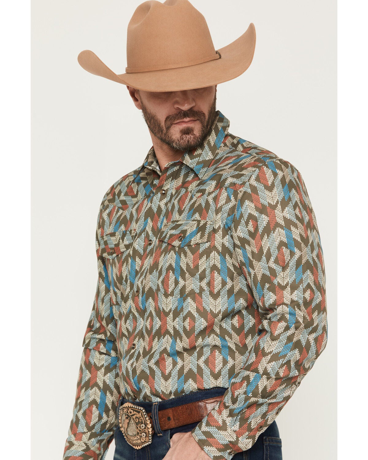 Image #2 - RANK 45&reg; Men's TEK Tracker Geo Print Long Sleeve Snap Performance Western Shirt, Brown, hi-res