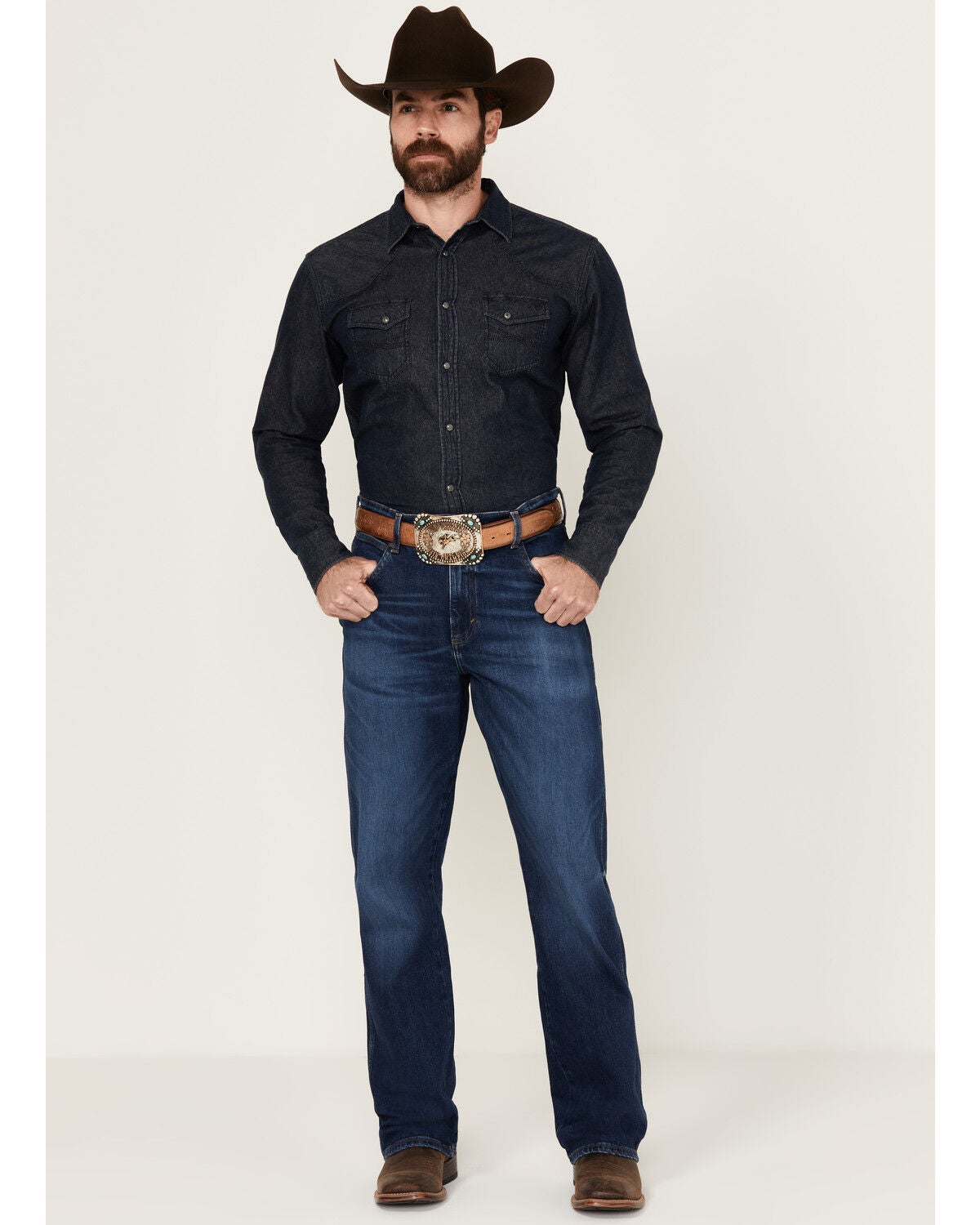 Wrangler Retro Men's Troxler Dark Wash Relaxed Bootcut Stretch Denim Jeans, Dark Medium Wash, hi-res