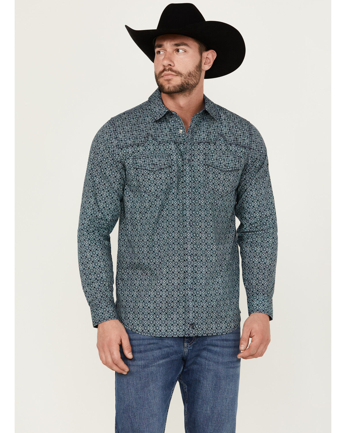 Image #1 - Moonshine Spirit Men's Old Fashioned Medallion Print Long Sleeve Pearl Snap Western Shirt, Navy, hi-res