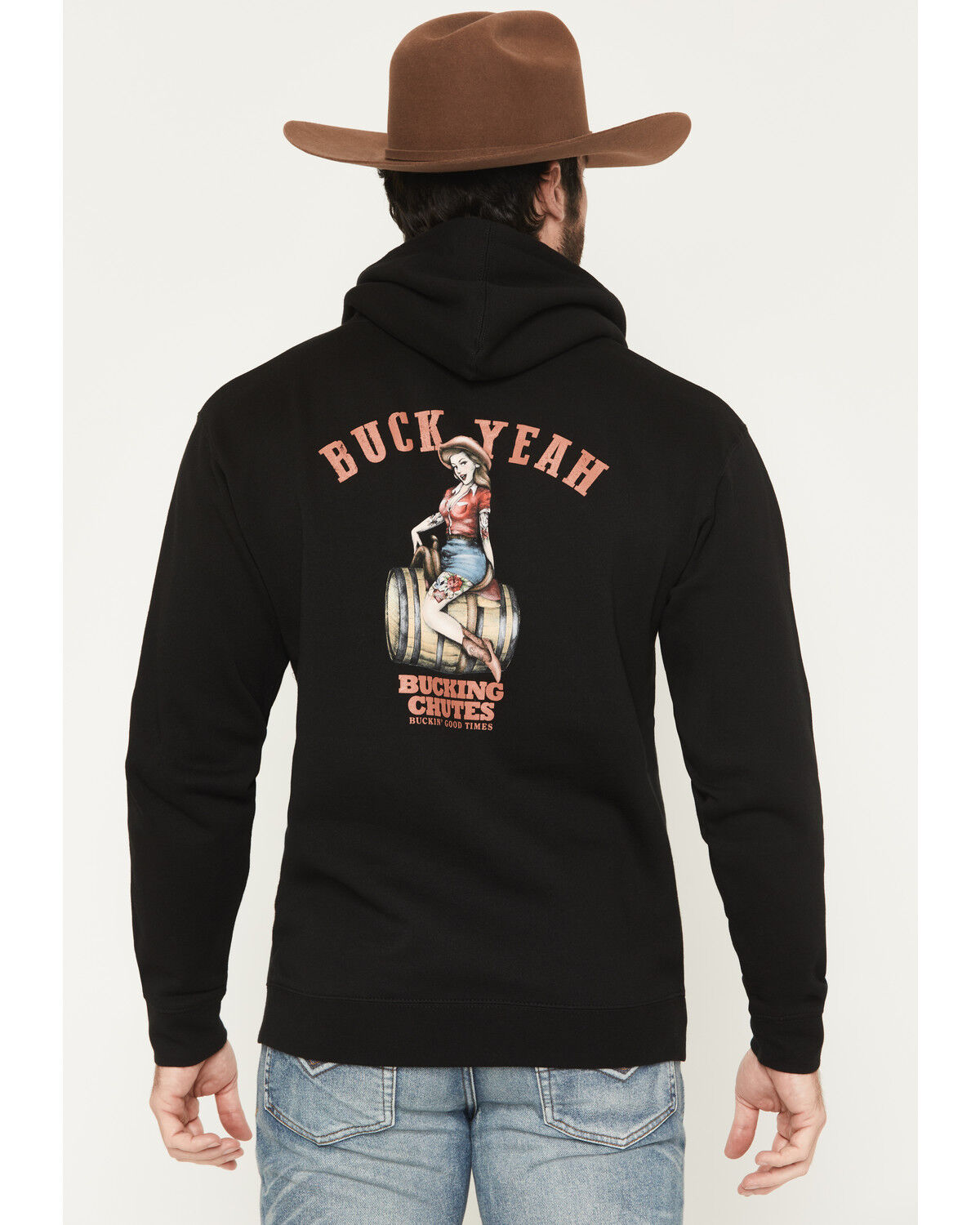 Image #1 - Bucking Chutes Men's Barrel Bettie Graphic Hooded Sweatshirt, Black, hi-res