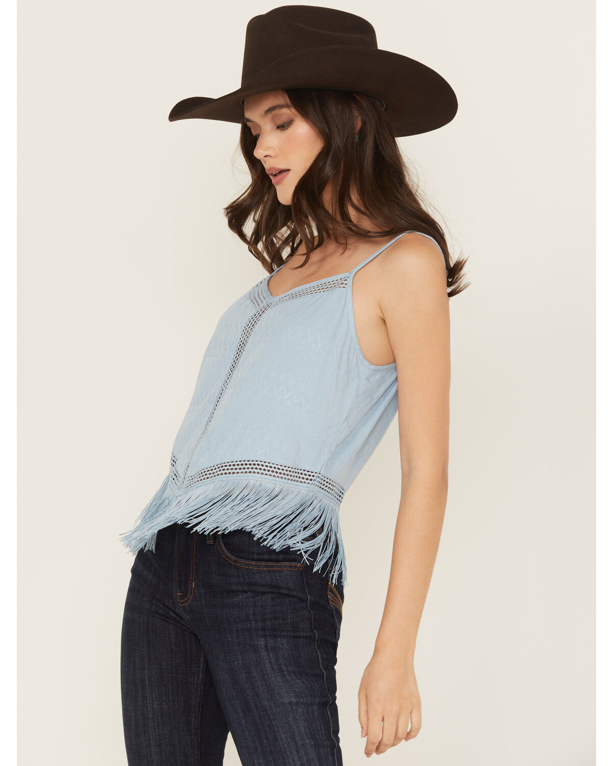 Image #2 - Idyllwind Women's Briarwick Jacquard Fringe And Lace Tank Top, Light Blue, hi-res