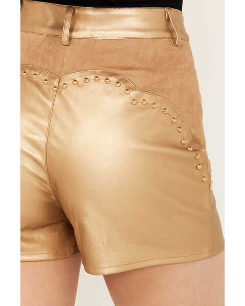 Image #4 - Blue B Women's High Rise Faux Leather Studded Shorts , Gold, hi-res