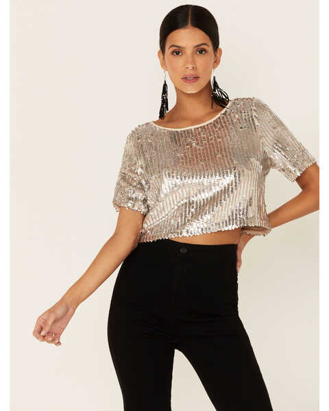 By Together Women's Cropped Sequin Top, Silver, hi-res