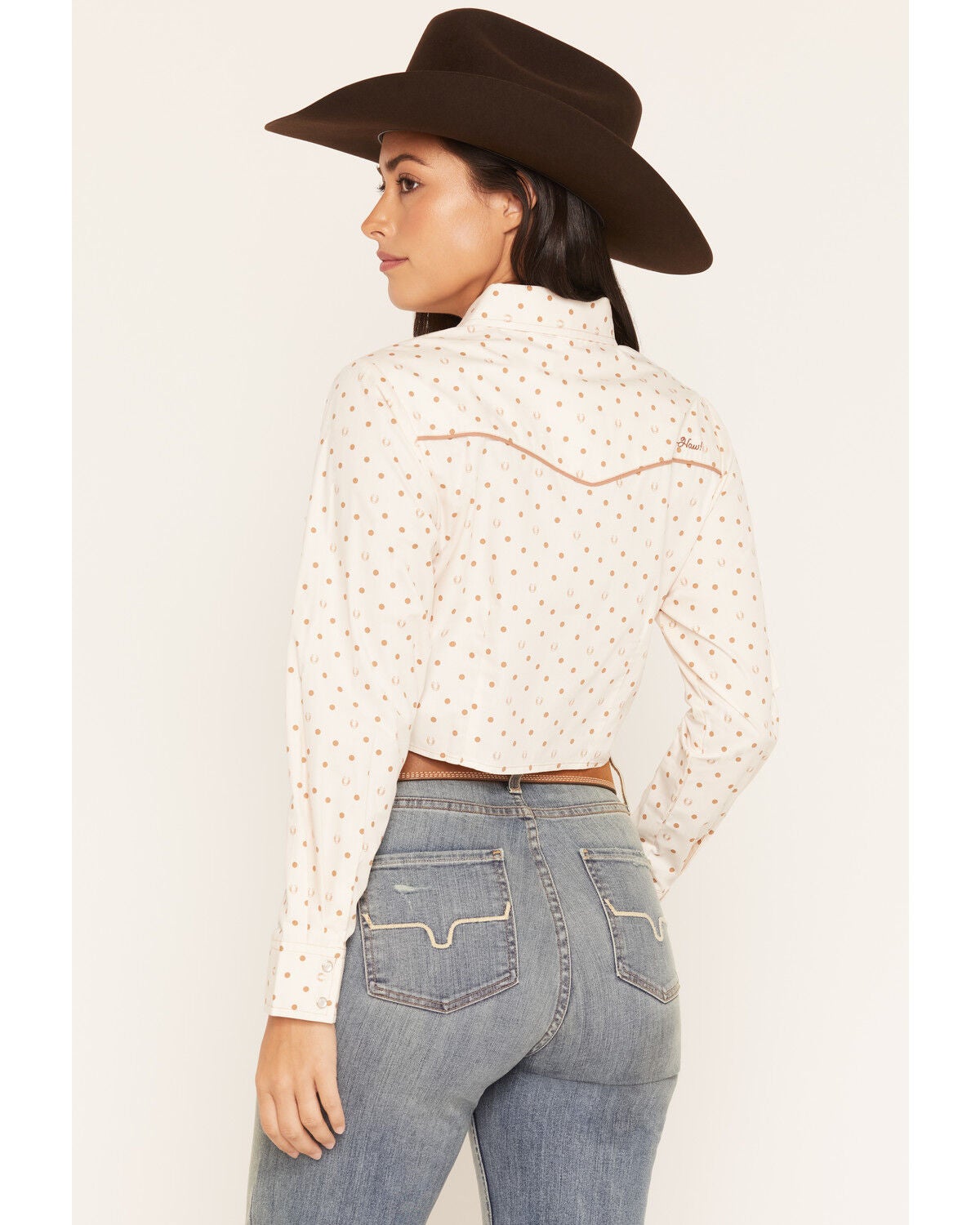 Image #4 - Ely Walker Women's Boot Barn Exclusive Polka Dot Print Long Sleeve Pearl Snap Cropped Western Shirt, Ivory, hi-res