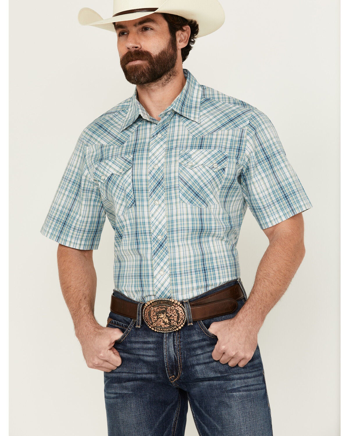 Wrangler Retro Men's Plaid Print Short Sleeve Pearl Snap Western Shirt, Teal, hi-res