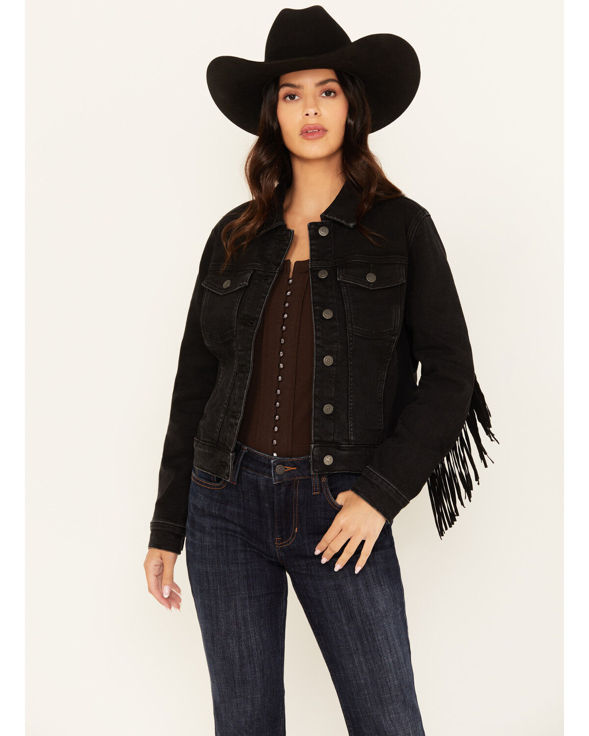 Image #2 - Idyllwind Women's Outlaw Fringe Trucker Jacket, Black, hi-res
